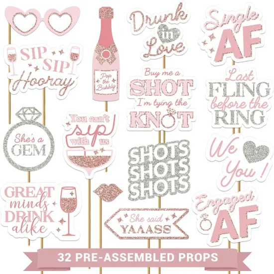 Fully Assembled Bachelorette Photo Booth Props - Set of 32 - Rose Gold, Pink, & Silver Signs, Wedding Bridal Shower Bachelorette Party Supplies & Decorations with Real Glitter {2}