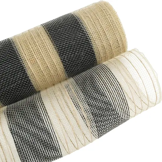 Jute Deco Mesh 10 Inch Jute Mesh Ribbon Natural and Black Wide Stripe Poly Mesh Ribbon {4}