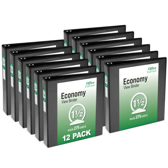 Office Essentials Economy View 3 Ring Binders, 1.5" Round Rings, 2.1" Spine, 275-Sheet Capacity, Black Binders (12-Pack of 03427) {1}