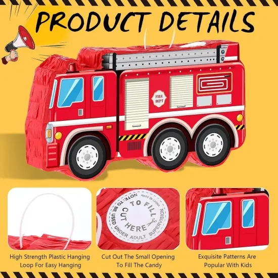 Fire Truck Pi&ntilde;ata with Hanging Loop Blindfold Bat and Confetti Filler for Kids Boys Firefighter Firetruck Theme Birthday Party Decorations Supplies {3}