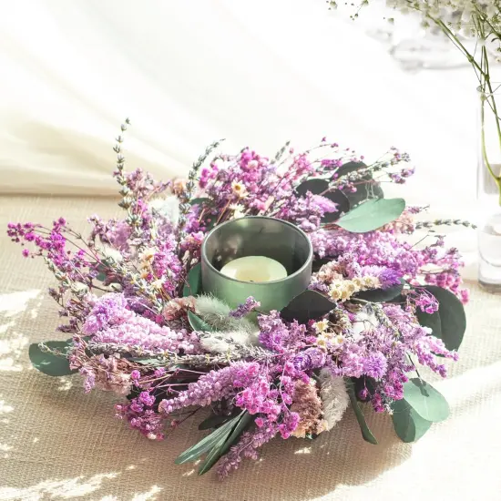 Natural Dried Flowers Wreath 10-Inch Purple Lavender Candle Ring Table Centerpiece Small Spring Lavender Wreath for Cabinate Wall Window Door {4}