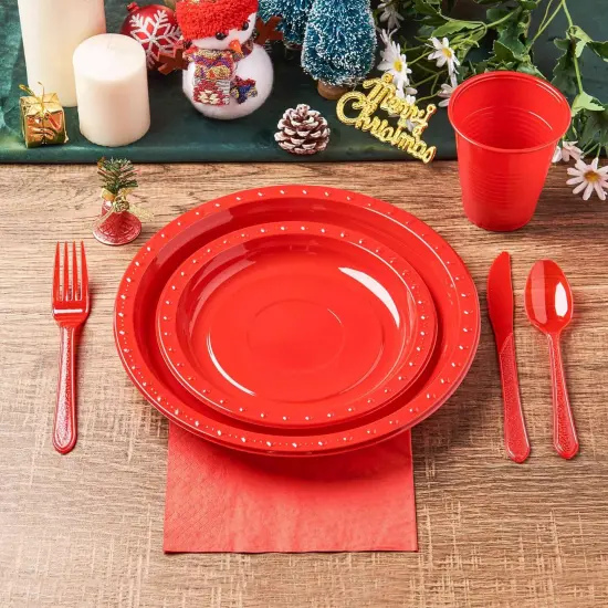 175 PCS Red Plastic Dinnerware Set Includes 50 Plates, 25 Cups, 25 Napkins, 25 Cutlery Spoons Forks & Knives, Disposable Dinnerware Set, Red Party Supplies Set {3}