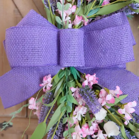 18 Inch Summer Forsythia & Lavender Wildflower Wreath for Front Door &ndash; Rustic Farmhouse Artificial Flower Wreath with Burlap Bow for Indoor and Outdoor Home Decor {4}