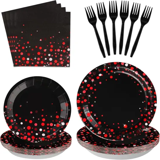 96Pcs Black and Red Party Supplies Red Dot on Black Party Plates and Napkins Disposable 350GSM Black and Red Birthday Tableware Set for Graduation Birthday Baby Shower Wedding Decorations, Serves 24 {1}