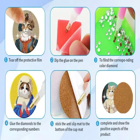 8PCs Diamond Paintings Coasters Kits Set With Holder, Cat Diamond Art, Crafts DIY Funny Adult Craft Diamond Dots Gift {4}