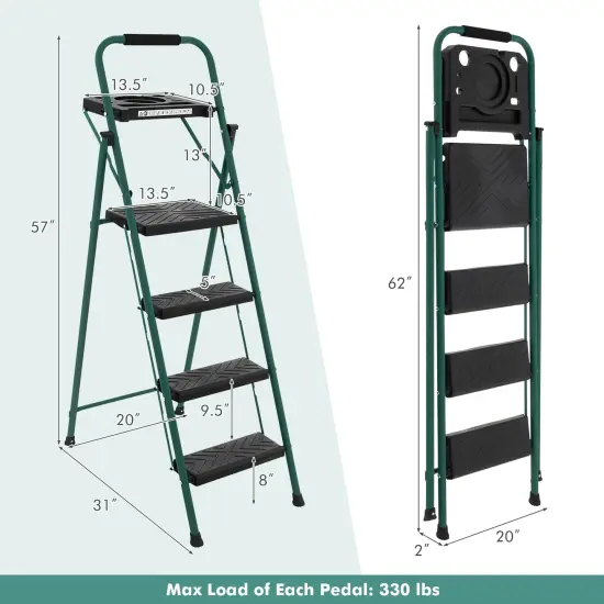 Metal Foldable 4-Step Ladder with Tool Tray Non-Slip Footpads and Wide Pedals {4}