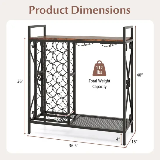 Rustic Brown Freestanding 21 Wine Bottle Organizer with Glass Holder and Metal Frame {5}