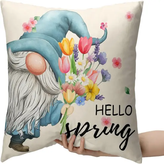 Hello Spring Pillow Covers 18x18 Set of 2 Gnome with Floral Throw Pillow Covers Colorful Flowers Decorative Pillow Case Cotton Blend Cushion Case for Living Room Couch Sofa {2}