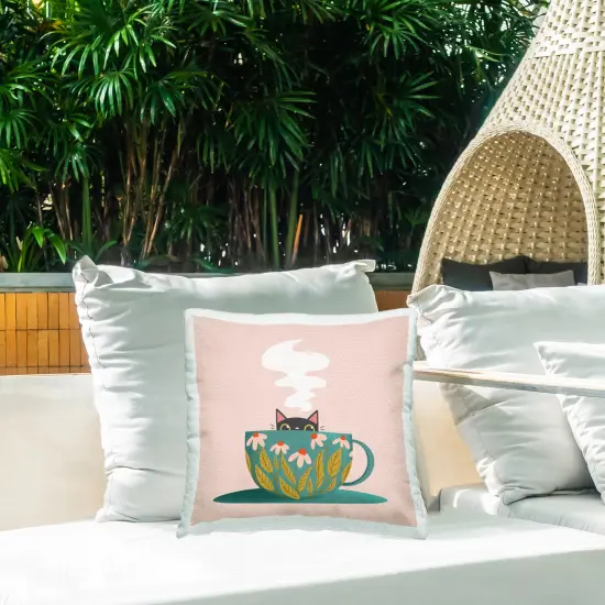 Stupell Industries Cat Peeking Over Teacup Outdoor Printed Pillow design by Sarah Hickman, 18 x 7 x 18 {2}