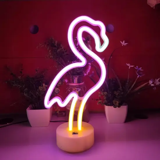 Flamingo Neon Sign with Holder Base, USB or 3-AA Battery Powered Neon Light, LED Desktop Decoration for Parties, Business Displays, and Summer Events (Multicolor) {2}