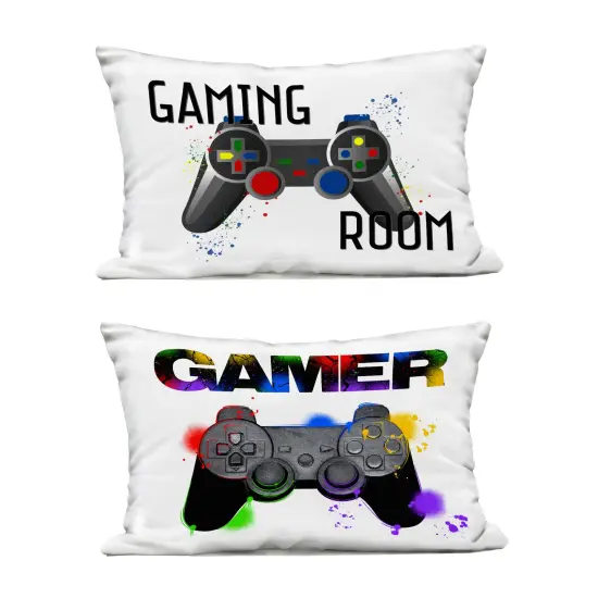 Stupell Industries Modern Gamer Graffiti Phrases 2pc Outdoor Printed Pillow Set design by Kim Allen, 14 x 7 x 20 {1}