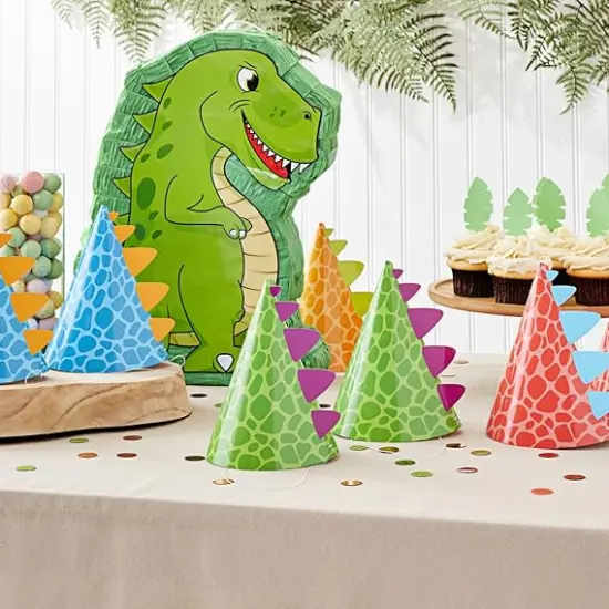24 Pack Dinosaur Party Hats for Dino Party Supplies, T-Rex Theme Birthday, Baby Shower Decorations (4 Colors) - Dinosaur Birthday Decorations {2}