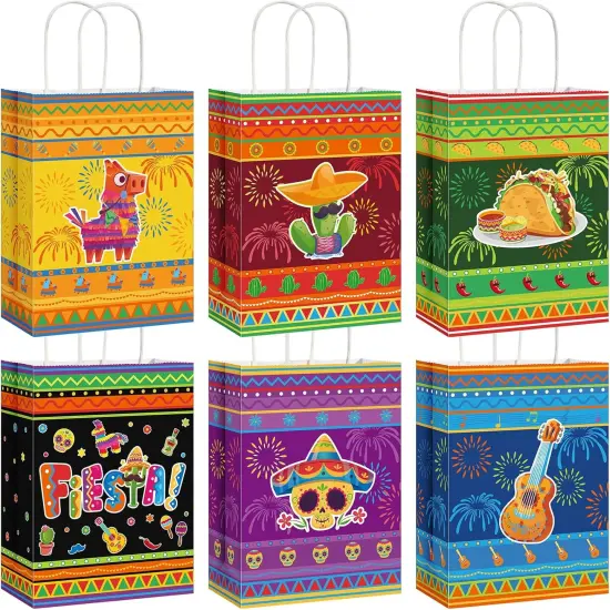18 Packs Fiesta Party Favor Bags with Handles, Cinco De Mayo Candy Mexican Themed Paper Gifts Bags for Birthday Baby Shower Bridal Mexico Party Favor Supplies {1}