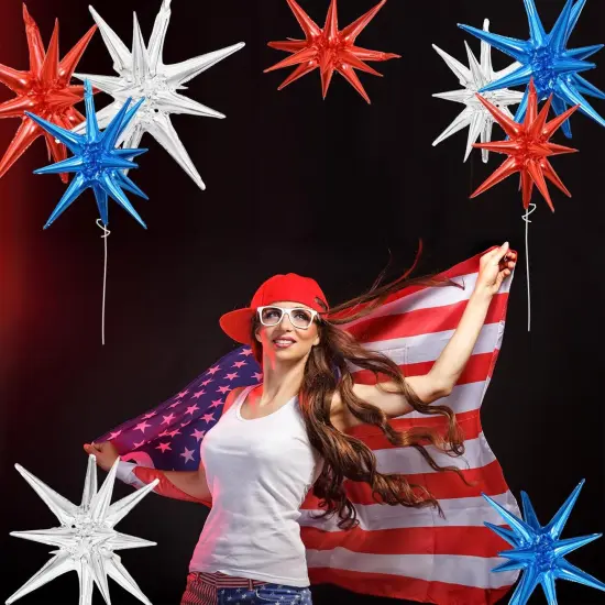 9 Pieces Red White Blue Explosion Star Balloons, Large 27 & 22 Inches 14-Pointed One-Piece Cone Stars Fireworks Foil Balloons for 4th of July, Independence Day USA Patriotic Party Decorations {5}