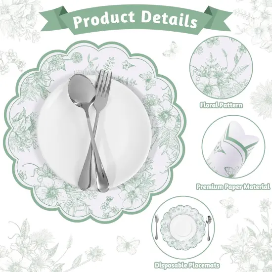 60 Pcs Sage Green Floral Paper Placemats, 13.5 Inch Disposable Scalloped Table Mats Vintage Floral Banquet Place Mats Sage Green Toile Placemat for Table Setting Wedding Bridal Tea Party Supplies {3}