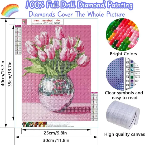 Pink Tulips Diamond Painting Kits for Adults, 5D Diamond Art Painting by Numbers Kits, DIY Diamond Dots Art Kits, Full Round Drill Diamond Paintings for Adults for Home Wall Decor [11.8x15.7 inch] {4}
