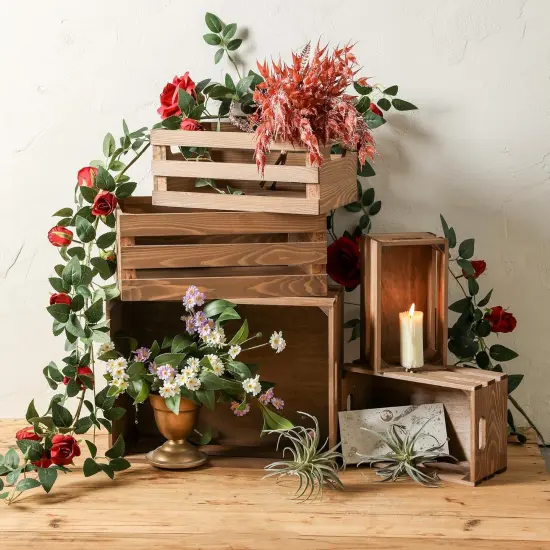 Set of 5 Vintage Rustic Decorative Nesting Wooden Crates Storage with Open Handles {3}