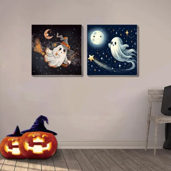 2 Pcs Halloween Paint by Numbers Kits for Kids Framed,Ghosts Adults' Paint-by-Number Kits on Canvas Easy Acrylic Oil Painting by Number for Adults Halloween for Home Decor 8x8 inchs {5}