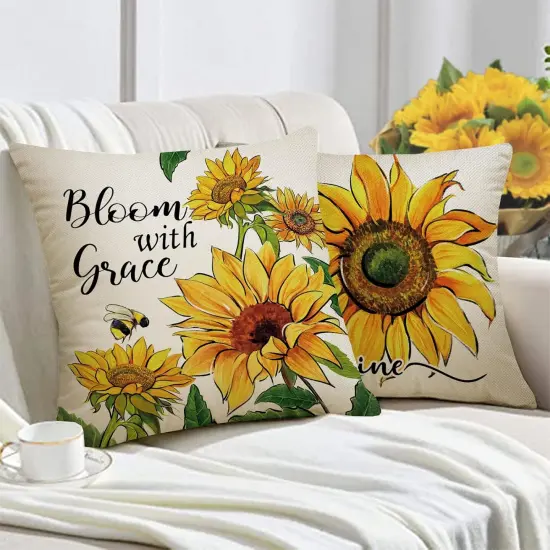 Sunflower Sunshine Decorative Throw Pillow Cover 18 x 18 Set of 4, Spring Summer Home Sweet Home Blessed Porch Patio Outdoor Pillowcase, Fall Autumn Flower Farmhouse Couch Cushion Case Decor {4}