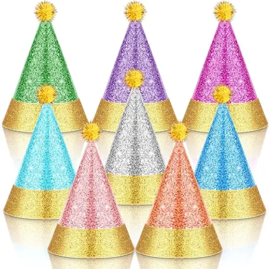 24 Pcs Colorful Party Hats with Pompoms, Glitter Birthday Party Cone Hats Paper Birthday Cone Hats for Birthday Party Supplies {1}