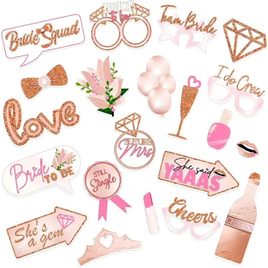Bridal Shower Photo Booth Props Kit(21 Count), Rose Gold Wedding Hen Party Funny Selfie Props, Bride to Be Night Party Photo Props Decoration Accessories, with Bamboo Sticks& Stickers {2}