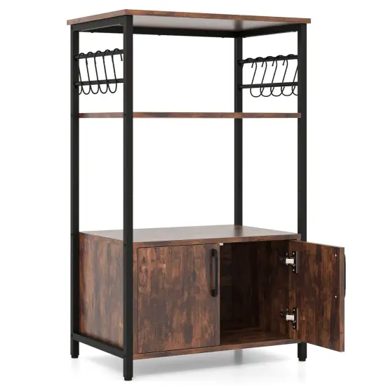 3-Tier Brown Kitchen Bakers Rack with 2 Doors Cabinet and 2 Open Storage Shelves {1}