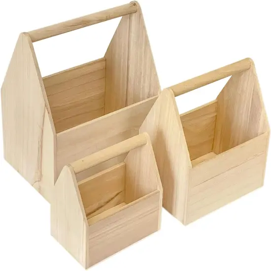 Set of 3 Unfinished Wooden Carrier Nesting Wood Craft Box with Handle {2}