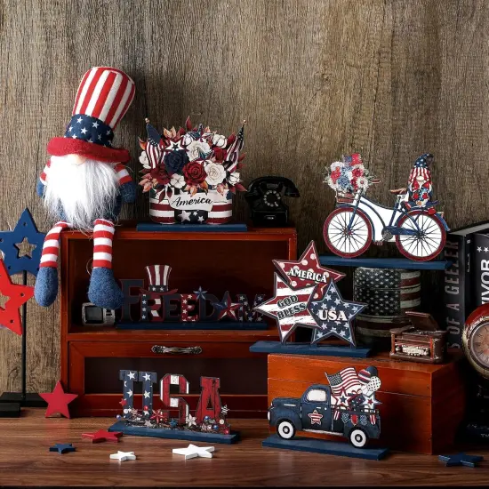 6 Pcs Memorial Day Wooden Table Decor Patriotic Wood Sign Tabletop Centerpiece Rustic USA Star Decorations for Office Desk Farmhouse Home Kitchen Tiered Tray Decor Shelves Table Decorations {4}