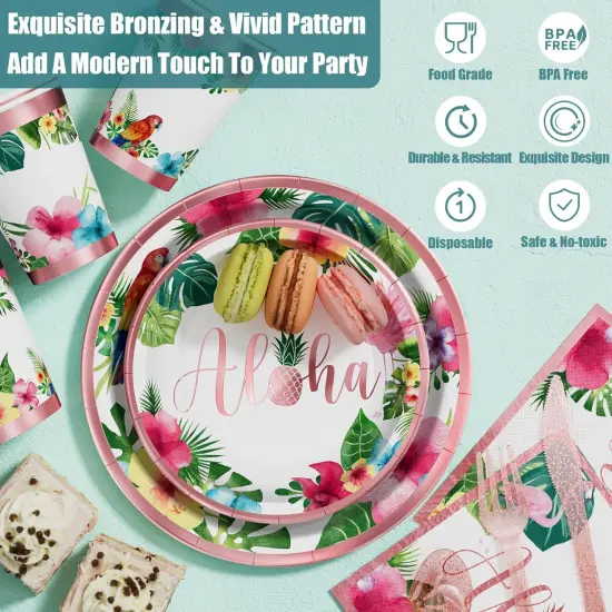 Hawaiian Luau Birthday Party Decorations 329PCS Tropical Aloha Rose Gold Party Supplies for Summer Beach Decor Disposable Dinnerware Set {5}
