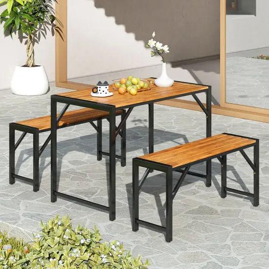 Natural Acacia Wood 3-Piece Dining Set, Metal Frame Table and Benches {2}