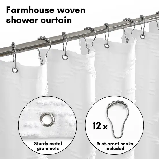 Americanflat 71x71 White Woven Shower Curtain with Tassel And Accents - Includes 12 Grommets and Hooks - 100% Polyester {9}