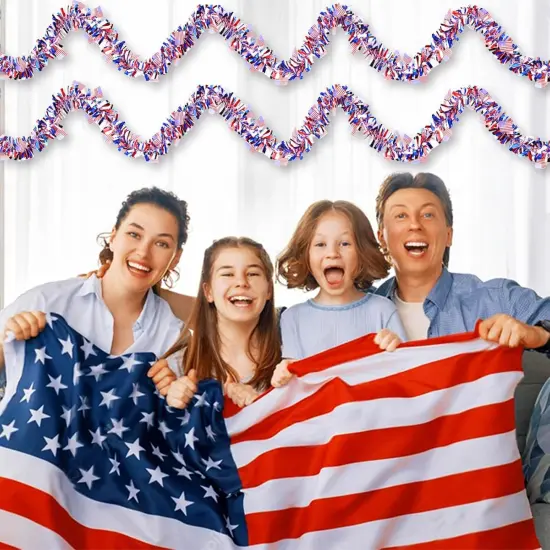 4 Strings Total 26.3 ft American Flag Tinsel Garlands - Each 6.6ft Red White Blue Fringe Garland with USA Flag Hanging Glitter Streamers for 4th of July, Independence Day, Patriotic Party Decorations {5}