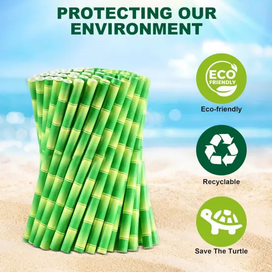 5.75" x 0.31" Green Bamboo Disposable Paper Drinking Straws for Short Drinks, Blended Cocktails, Margaritas, Smoothies, Milkshakes - Unwrapped {5}