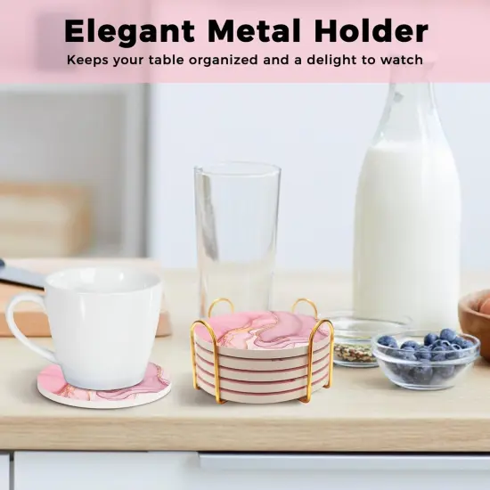 Set of 6 Pink Coasters for Drinks with Gold Holder {5}