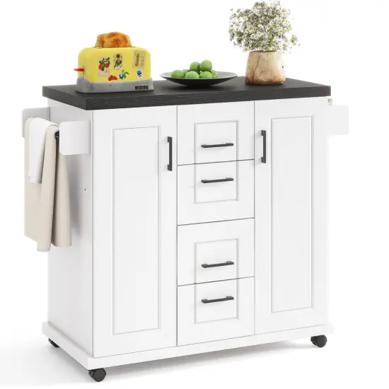 White Engineered Wood Kitchen Island Cart with Drawers and Towel Rack {4}