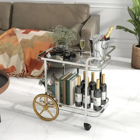 Transparent Glass Stainless Steel 2-Tier Glass Serving Bar Cart with Wheels {3}