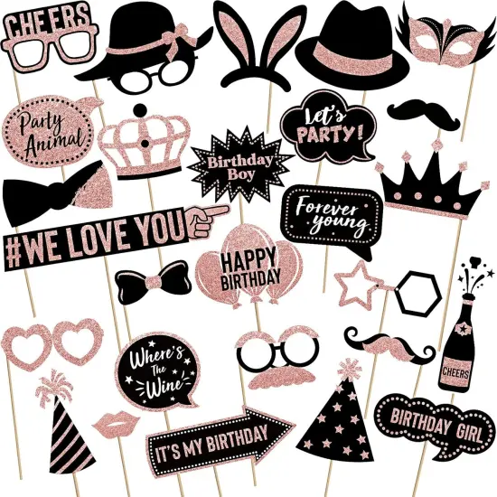 36 Pcs Gold Birthday Photo Booth Props, Large Gold Birthday Party Photobooth Props with Glitter for Woman Parties Supplies(Black, Rose Gold) {1}