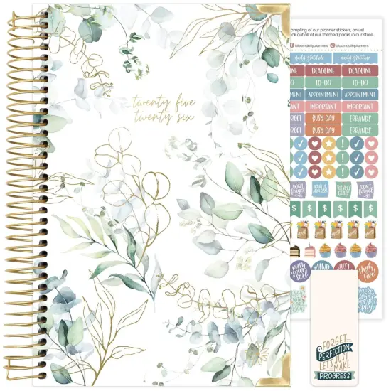 bloom daily planners 2025-26 Academic Planner, Hard Cover, 5.5" x 8.25", Eucalyptus, White {1}