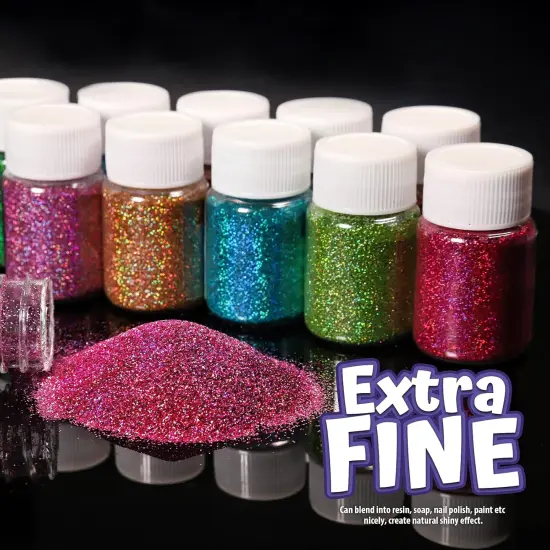 Holographic Fine Glitter, 15 Colors Fine Glitter for Crafts, Resin, Jewelry Art Crafts Making, Nail Body, with 10 PCS Stir Spoons {2}