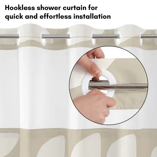 Americanflat 72x75 Hookless Shower Curtain - Abstract Khaki Cream Shower Curtain with Sheer Panel, Snap-In Liner, and Grommets - 100% Polyester {3}