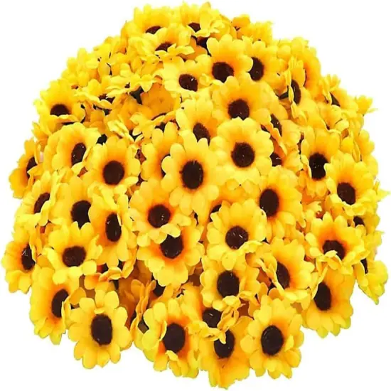 100Pcs Yellow Artificial Sunflower Heads &ndash; Mini Fabric Flowers for Summer Wreaths, Bouquets, and Craft Decorations {1}