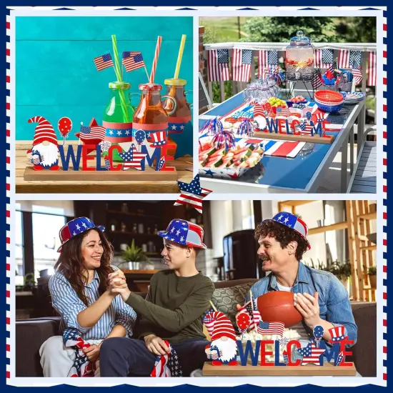 4 Pcs Happy 4th of July Wooden Block with Light LED Memorial Day Tabletop Centerpieces 10.8"H Light up Patriotic Wood Sign for Tiered Tray Decor {5}