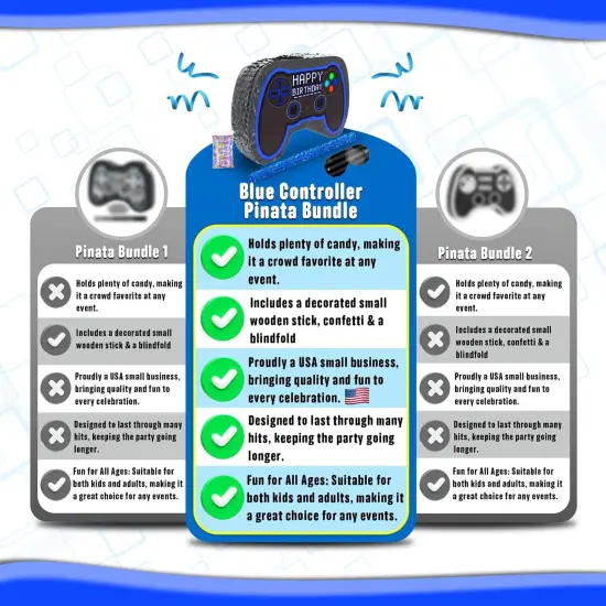 Blue Video Game Controller Piñata (Small Stick Included) 17”x11”x 3” Perfect for Birthday Gamer Parties, Party Decor, Gaming theme parties and other Decorations - By Jergrim {5}