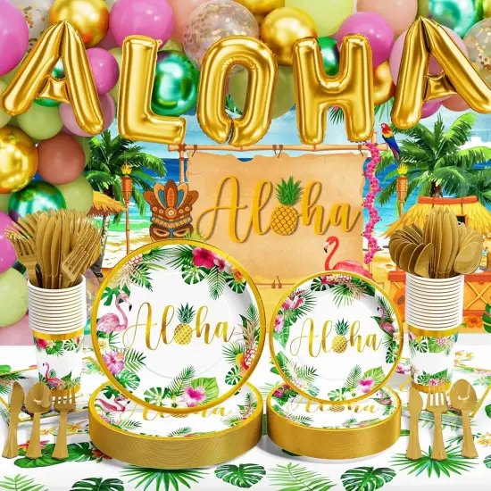 329PCS Tropical Aloha Party Supplies for Summer Beach Decor Disposable Dinnerware Set (25 Guest) with Plates Napkin Cups Table Skirt Straws Balloon Kit {1}
