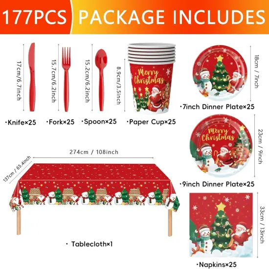 177PCS Christmas Paper Plates Napkins Party Supplies, Christmas Tree Santa Claus Theme Party Supplies Disposable Paper Tableware for Decorations for Merry Christmas Serves 25 {2}