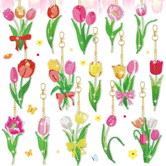 15 Pcs Spring Tulip Diamond Painting Keychain Kits {1}