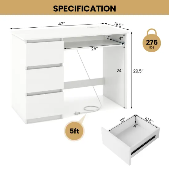 Costway Computer Desk with Power Outlet Keyboard Tray & 3 Large Drawers Type-C & USB Ports White/Natural {3}