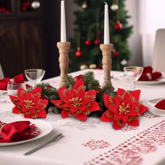 12PCS Christmas Poinsettia Flowers Decorations Artificial Red Glitter Poinsettia Ornaments with Clips & Stems for Xmas Tree, Wreaths, Garland, Holiday Decor {5}