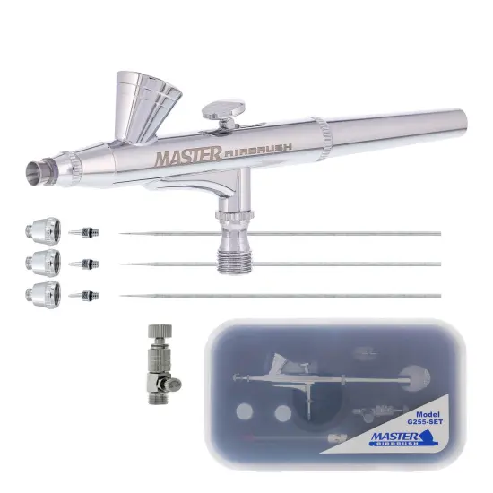 Master Elite G255 Set Dual-Action Gravity Feed Airbrush Set with 3 Nozzle Sets (0.2, 0.3 & 0.5 mm) 1/16 oz Cup {1}