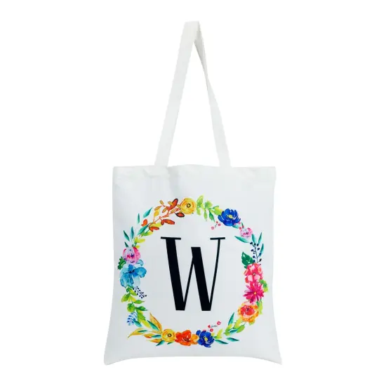 Set of 2 Reusable Monogram Letter W Personalized Canvas Tote Bags for Women, Floral Design (29 Inches) White {5}
